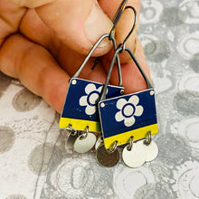Load image into Gallery viewer, Silver Blossoms on Sapphire Rectdangles Upcycled Tin Earrings