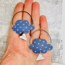 Load image into Gallery viewer, Asterisks on Faded Denim Clouds &amp; Paper Airplanes Tin Earrings