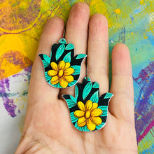 Load image into Gallery viewer, Yellow Blossoms Classic Hamsa Upcycled Tin Earrings