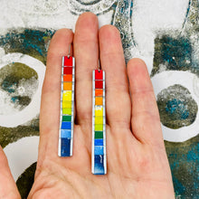 Load image into Gallery viewer, Rainbow Fenced White Edge Narrow Rectangle Tin Earrings