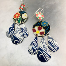 Load image into Gallery viewer, Mixed Dark Blues &amp; Flowers Zero Waste Tin Chandelier Earrings