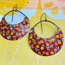 Load image into Gallery viewer, Tiny Flowers on Deep Red Crescent Circles Upcycled Tin Earrings