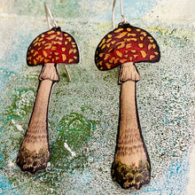 Load image into Gallery viewer, Dotty Red Capped Mushrooms Upcycled Tin Earrings