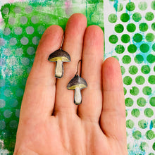 Load image into Gallery viewer, Tiny Spotty Capped Mushrooms Upcycled Tin Earrings