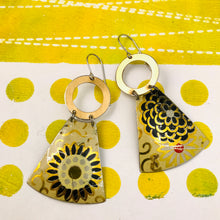 Load image into Gallery viewer, Charcoal Blossoms on Butter Small Fans Tin Earrings