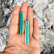 Load image into Gallery viewer, Shimmery Teal Rectangle Tin Earrings