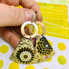 Load image into Gallery viewer, Charcoal Blossoms on Butter Small Fans Tin Earrings