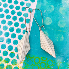 Load image into Gallery viewer, Linear Textured White Harlequin Upcycled Tin Earrings Tin Anniversary Gift