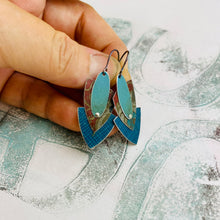 Load image into Gallery viewer, Teal Screen &amp; Rustic Red Reuleaux Triangle Upcycled Teardrop Tin Earrings