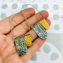 Load image into Gallery viewer, Midnight Blue &amp; Rose Gold Mixed Patterns Arch Dangle Tin Earrings