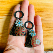 Load image into Gallery viewer, Stylized Flowers on Midnight Small Fans Tin Earrings