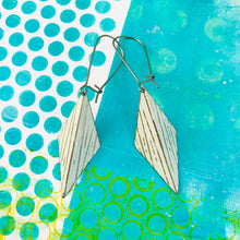 Load image into Gallery viewer, Linear Textured White Harlequin Upcycled Tin Earrings Tin Anniversary Gift