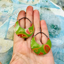 Load image into Gallery viewer, Pink Paisley on Matcha Crescent Circles Upcycled Tin Earrings