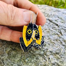 Load image into Gallery viewer, Pop of Orange Yellow Reuleaux Triangle Upcycled Teardrop Tin Earrings