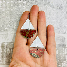 Load image into Gallery viewer, Rustic Red &amp; Golden Swirls Upcycled Tin Sailboat Earrings