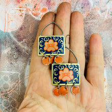 Load image into Gallery viewer, Vintage Poppy on Blue Blue Rectdangles Upcycled Tin Earrings