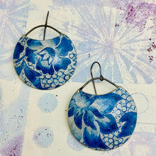 Load image into Gallery viewer, Watery Blue Flower Circles Upcycled Tin Earrings