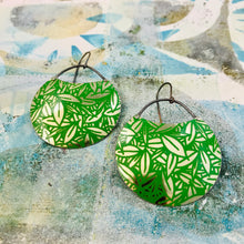 Load image into Gallery viewer, Mirrored Golden Bamboo Leaves Circles Upcycled Tin Earrings