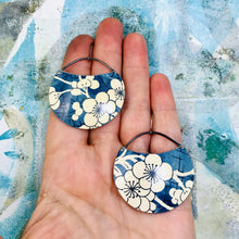 Load image into Gallery viewer, Plum Blossoms on Blue Jean Circles Upcycled Tin Earrings
