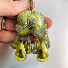 Load image into Gallery viewer, Verdigris &amp; Golden Swirls Zero Waste Tin Chandelier Earrings