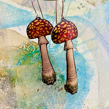 Load image into Gallery viewer, Dotty Red Capped Mushrooms Upcycled Tin Earrings