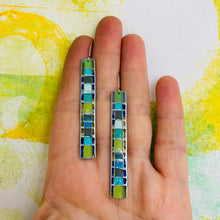 Load image into Gallery viewer, Fenced &amp; Folded Mixed Greens Narrow Rectangle Tin Earrings