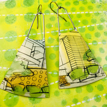Load image into Gallery viewer, Modernist Architectural Renderings Upcycled Tin Long Fans Earrings