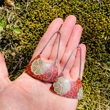 Load image into Gallery viewer, Golden Blossoms on Antique Red Upcycled Tin Earrings