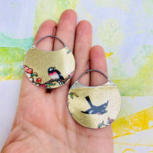 Load image into Gallery viewer, Songbirds on Golden Pattern Circles Upcycled Tin Earrings