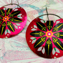 Load image into Gallery viewer, Midnight Mandala on Magenta Circles Upcycled Tin Earrings