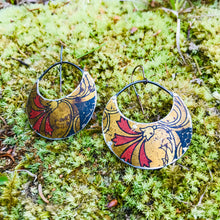 Load image into Gallery viewer, Scarlet Flowers on Antique Gold Upcycled Tin Crescent Circle Earrings