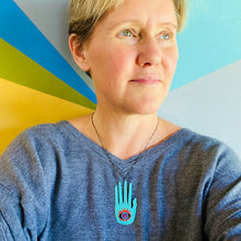 Load image into Gallery viewer, Large Hamsa In Tuquiose &amp; Red Tin Necklace or Wall Art