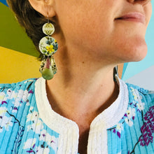 Load image into Gallery viewer, Green Leaves &amp; Flowers in White Zero Waste Tin Chandelier Earrings