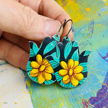 Load image into Gallery viewer, Yellow Blossoms Classic Hamsa Upcycled Tin Earrings