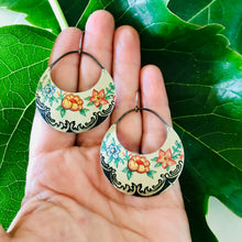 Load image into Gallery viewer, Midnight Edged Flowers Crescent Circles Upcycled Tin Earrings