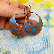 Load image into Gallery viewer, Patterned Blue &amp; Rusty Orange Crescent Circles Tin Earrings