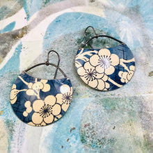 Load image into Gallery viewer, Plum Blossoms on Blue Jean Circles Upcycled Tin Earrings