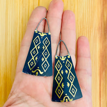 Load image into Gallery viewer, Golden Diamonds on Midnight Blue Upcycled Tin Long Fans Earrings
