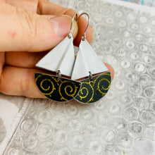 Load image into Gallery viewer, Golden Swirls on Midnight Upcycled Tin Sailboat Earrings