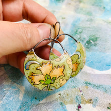 Load image into Gallery viewer, Pink Flowers on Dusty Seafoam Circles Upcycled Tin Earrings