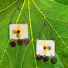 Load image into Gallery viewer, Golden Blossoms on White Rectdangles Upcycled Tin Earrings