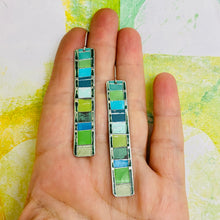 Load image into Gallery viewer, Fenced &amp; Folded Mixed Greens Rectangle Tin Earrings