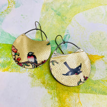 Load image into Gallery viewer, Songbirds on Golden Pattern Circles Upcycled Tin Earrings