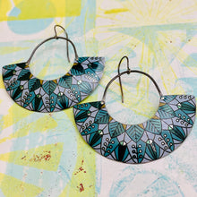 Load image into Gallery viewer, Leaf Mandala Teals Half Moon Tin Earrings