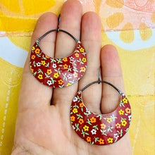 Load image into Gallery viewer, Tiny Flowers on Deep Red Crescent Circles Upcycled Tin Earrings