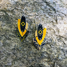 Load image into Gallery viewer, Pop of Orange Yellow Reuleaux Triangle Upcycled Teardrop Tin Earrings