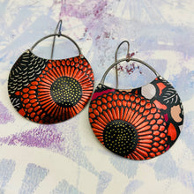 Load image into Gallery viewer, Shimmery Red Sunflowers Circles Upcycled Tin Earrings