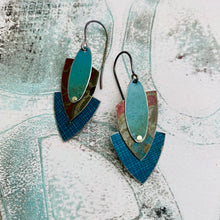 Load image into Gallery viewer, Teal Screen &amp; Rustic Red Reuleaux Triangle Upcycled Teardrop Tin Earrings