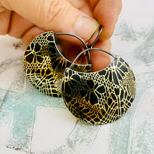 Load image into Gallery viewer, Golden Lace on Midnight Circles Upcycled Tin Earrings