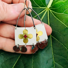 Load image into Gallery viewer, Golden Blossoms on White Rectdangles Upcycled Tin Earrings